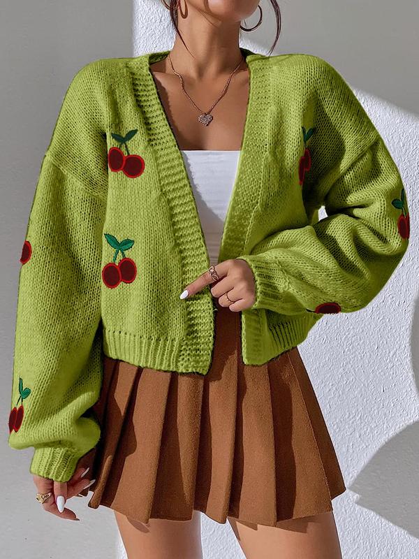 Women's Cute Cherry Print Open Front Drop Shoulder Cardigan, Fitted Knitting Vneck Lady Top, Comfort Casual Longsleeves Knitwear Top for Fall, Cardigan Sweater, Women's Simple Outerwear, Spring Outfit, Fall Outfits, Fallfreshness, Casual Outfit